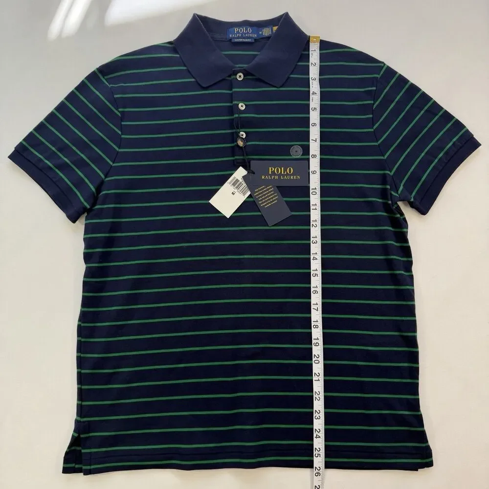 Polo Ralph Lauren Navy Green Striped Polo MEDIUM Custom Slim Fit Cotton Preppy